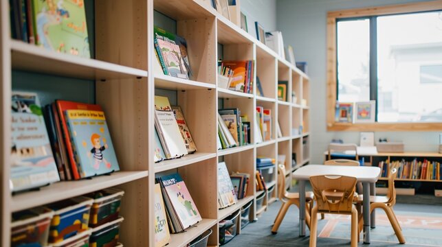A minimalist classroom library with a few carefully selected books and clean shelves