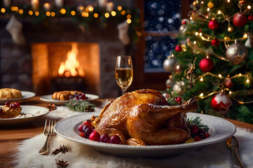 Christmas festive traditional dinner table with candles and decorations, christmas tree on the bachground. New year eve background, winter holidays template for design, greeting postcard.