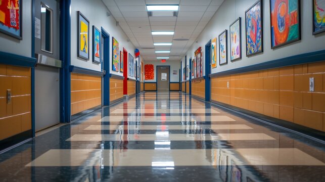A minimalist display of student artwork in a school hallway