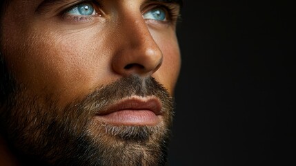 Fototapeta premium A man with a beard and blue eyes gazes off-camera, his expression serious