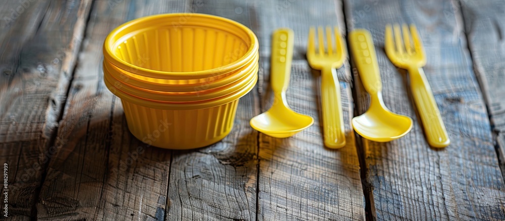 Aufkleber disposable yellow plastic tableware displayed on a wooden surface with copy space image