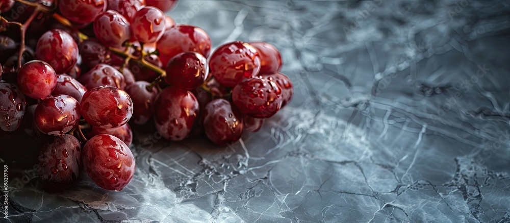 Aufkleber A close up shot of fresh red grapes arranged on a marble table with selective focus creating a visually appealing copy space image