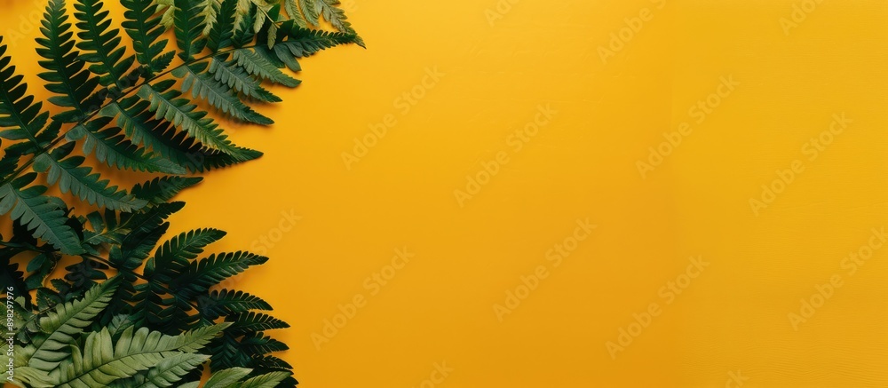 Leinwandbilder autumn fern leaves on yellow backdrop with copy space image viewed from above in a minimalistic hori