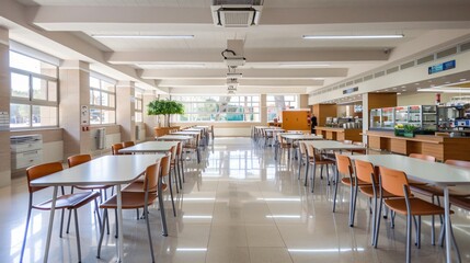 A minimalist school cafeteria with clean lines and simple decor