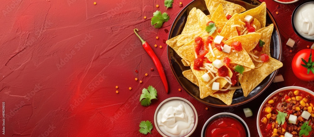 Poster top view composition featuring delicious nachos and various sauces on a bright background ideal for 