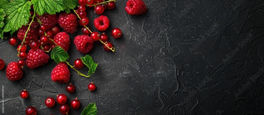 Poster Black background with currant and raspberries providing copy space image