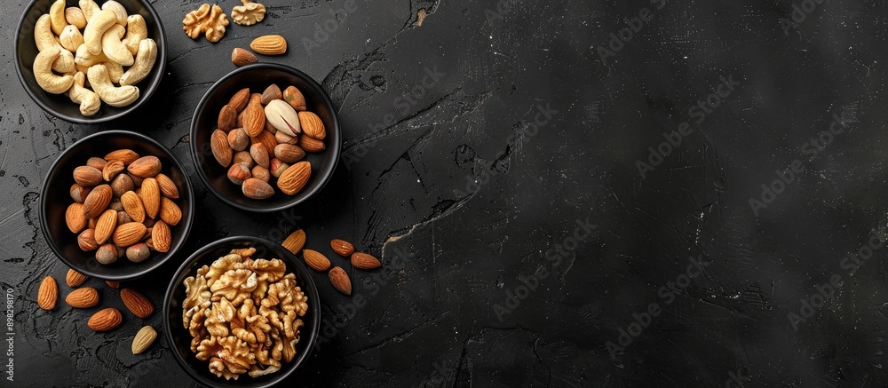 Poster A black table displaying four bowls filled with various nuts like cashews almonds walnuts and pistachios offering a top view with a blank area for additional content a copy space image