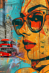 Obraz premium Pop Art Portrait of a Woman in London With a Red Double Decker Bus