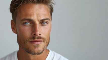 Fototapeta premium A man in a white T-shirt gazes intently into the camera