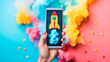 Concept of creative mobile app launch with colorful eye-catching phone display showing a cartoon rocket in a cloud of bright smoke being held by woman against colorful background.