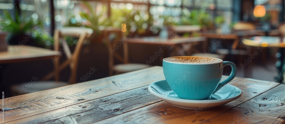 Poster coffee cup on a table in a cafe with a copy space image