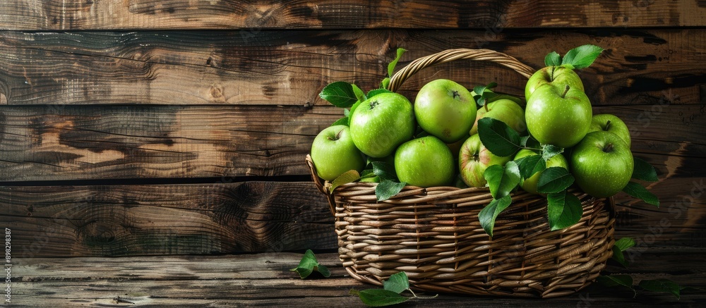 Poster a basket filled with fresh green apples from the garden is placed in front of a wooden wall providin