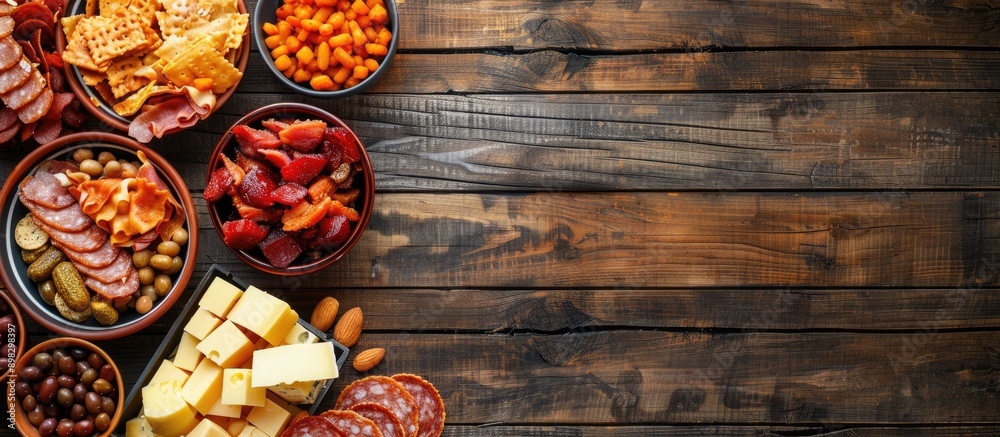 Poster Top view of cold snacks like bacon cheese and liver paste on a wooden background with ample copy space image available