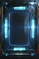 Obraz premium A frame of sleek metal and glowing LED lights, with a high-tech interface. The center is a blank, holographic screen.