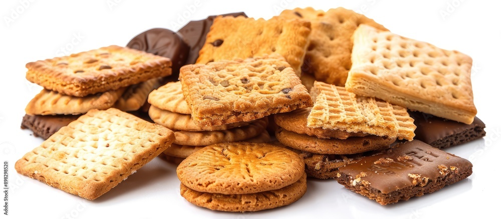 Poster assortment of biscuits for dessert snacking or breakfast isolated on a white background providing co