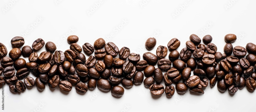 Poster close up of aromatic roasted coffee beans on white background frame with copy space image for text h