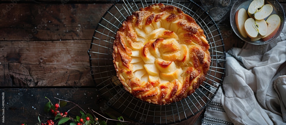 Poster top down view of an apple charlotte dessert on a wire rack with a sponge cake covering allowing for 