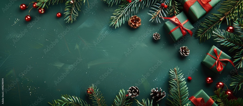 Poster christmas tree branches creatively arranged with gifts in a flat lay composition presenting a nature