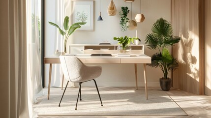 A minimalist study space with a simple desk, chair, and a few carefully placed items for focus and productivity