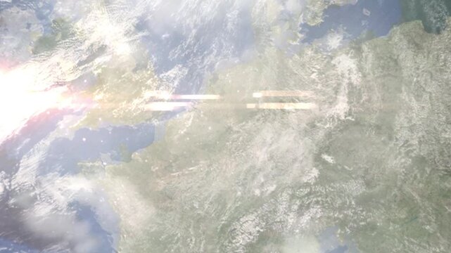 Earth zoom in from space and focus on Aachen, Germany. Background for travel intro or blog. Satellite view. 3D style Animation. Images from NASA.