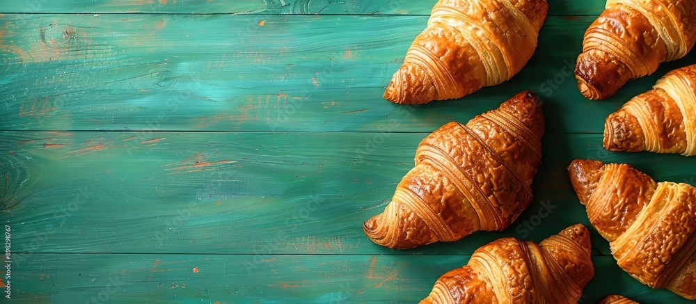 Poster Close up of delectable croissants on a green wooden backdrop with ample copy space image
