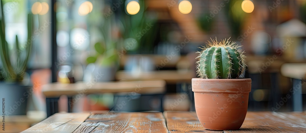 Aufkleber A cactus placed on a wooden table in a cafe with a copy space image displayed