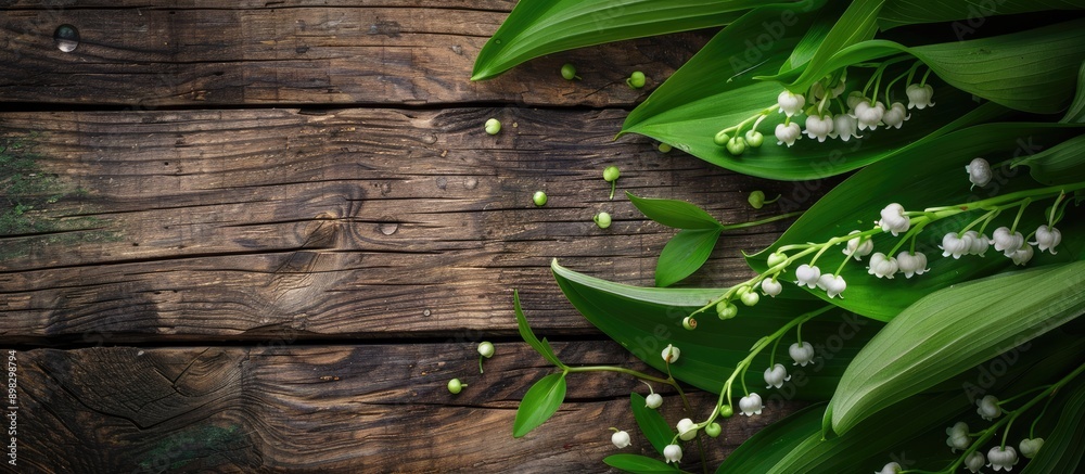 Aufkleber a charming image featuring lily of the valley with vibrant green leaves set on a rustic wooden backd