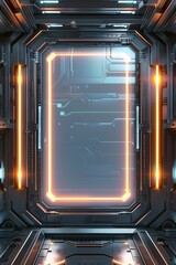 Obraz premium A frame of sleek metal and glowing LED lights, with a high-tech interface. The center is a blank, holographic screen.