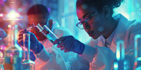 Fototapeta premium Double-Helix Lab: Scientists in white coats carefully handling glowing vials of genetic material.