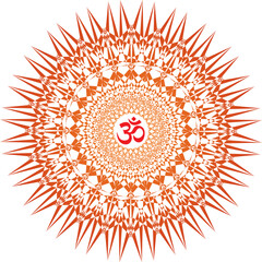 Openwork mandala in red and orange with the sign aum, om, ohm. Vector graphics art. Esoteric pictures.