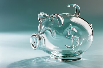 Transparent glass finance piggy bank and dollar sign on a light-aqua surface. Dynamic play of light and shadow. Finance and savings in a modern composition.