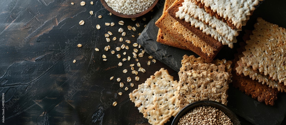 Poster assorted crispbreads next to rice oatmeal and buckwheat with room for a copy space image
