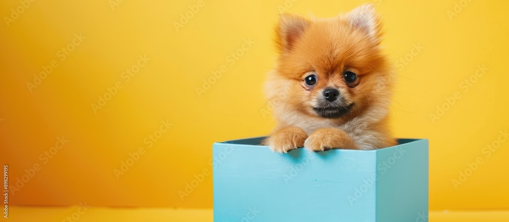 Poster a charming pomeranian puppy portrait gleefully seated in a blue gift box on a stylish yellow backdro