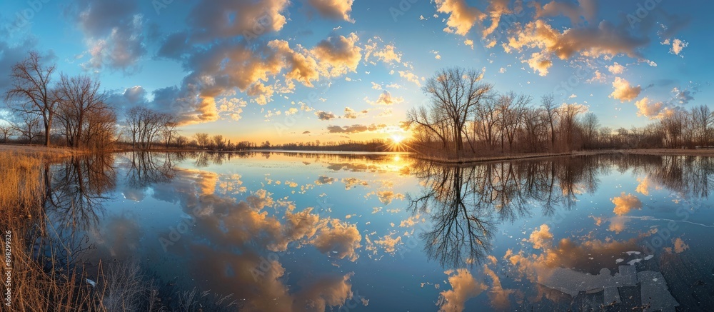 Poster beautiful sunset by the serene lake with trees and clouds mirrored on the glassy water against a viv