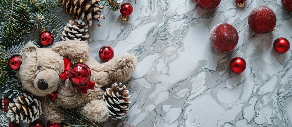 Poster christmas themed flat lay with a festive arrangement of pine cones red baubles and a teddy bear on a
