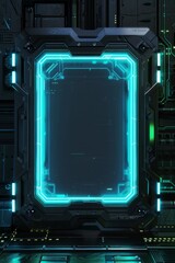 Fototapeta premium A frame of sleek metal and glowing LED lights, with a high-tech interface. The center is a blank, holographic screen.