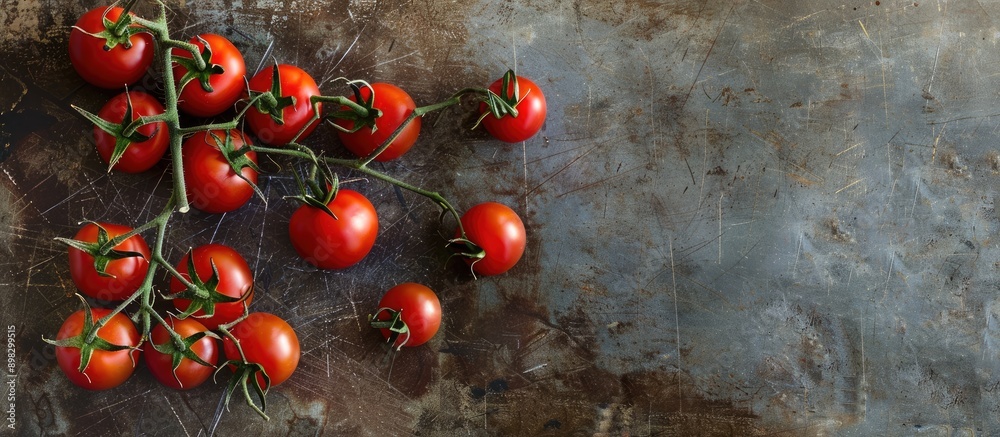 Poster cherry tomatoes arranged on a textured background of a kitchen table showcasing fresh organic produc