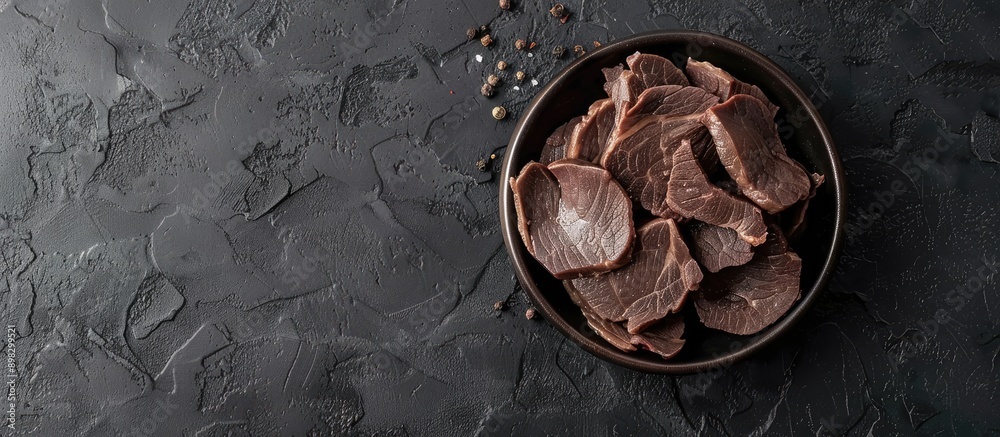 Poster beef liver slices in a bowl on black surface with copy space image