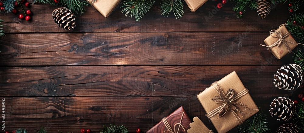 Poster christmas atmosphere with gift boxes fir tree branch on wooden table creating a festive background w