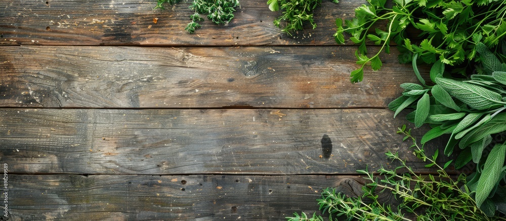 Poster Top down view of freshly picked garden herbs on a wooden surface with space for text or images. Creative banner. Copyspace image