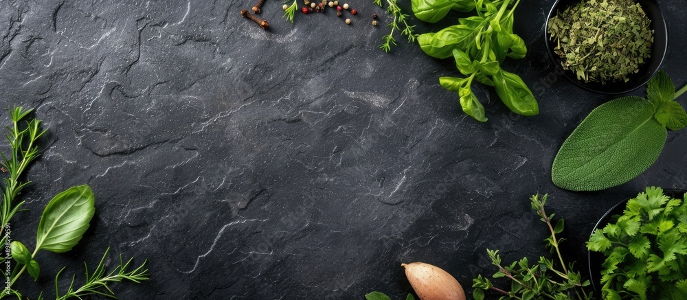 Poster Assorted herbs spices and greens for cooking displayed on a black slate table background viewed from above with empty space for text or image insertion. Creative banner. Copyspace image