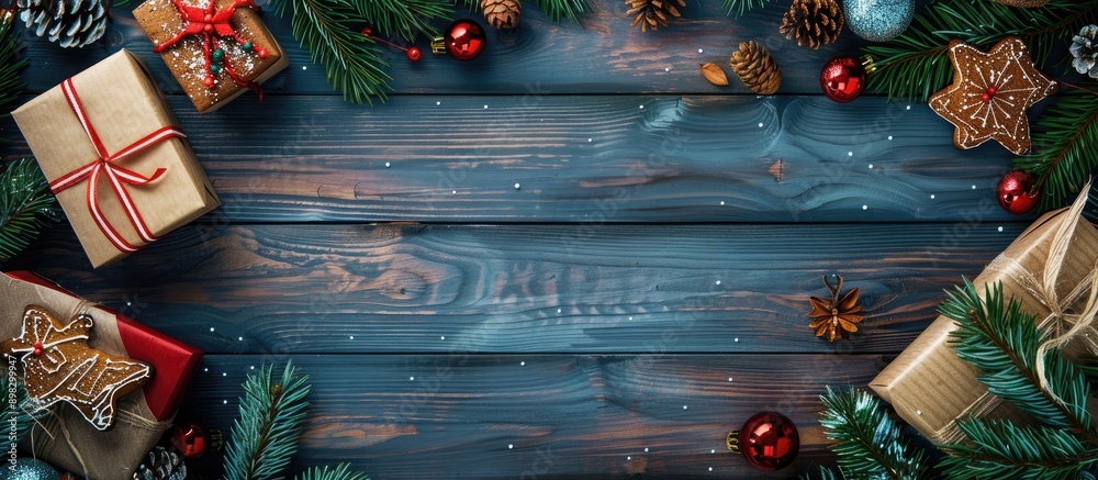 Poster top down view of a christmas themed setup featuring a fir tree gift boxes gingerbread and room for a