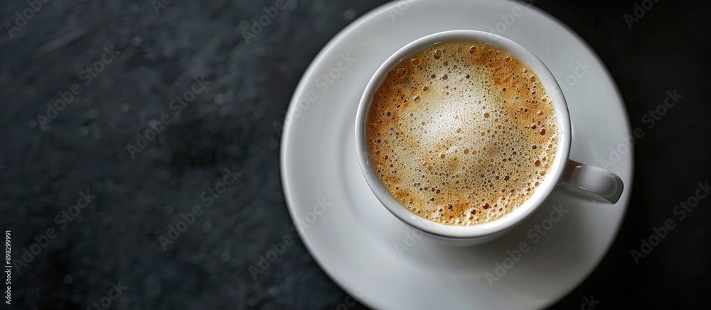 Fototapete Coffee cup with frothy foam on a white saucer displayed against a dark backdrop with copy space image