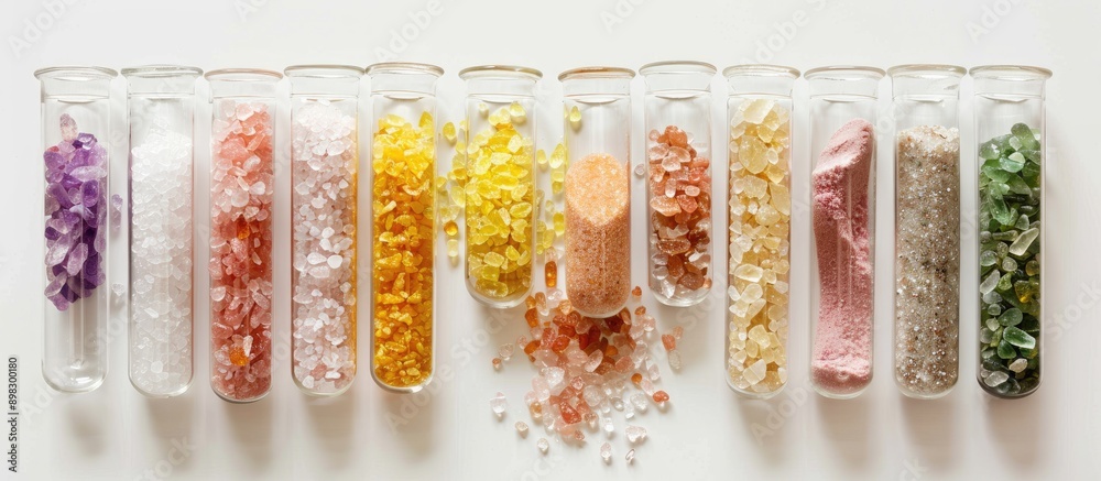 Aufkleber different types of bath salts displayed in test tubes against a white backdrop perfect for beauty tr
