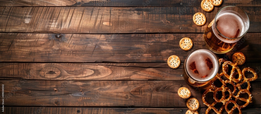 Poster flat lay composition of beer glass with pretzel crackers and snacks on wooden table with copy space 