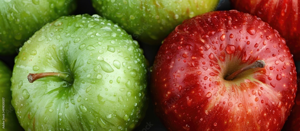 Poster close up of fresh green and red apples making a delightful and healthy vegetarian snack rich in vita