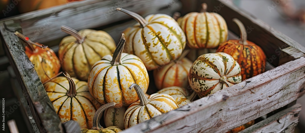 Aufkleber close up of mini striped pumpkin gourds in a wooden crate at the farm in autumn with copy space imag
