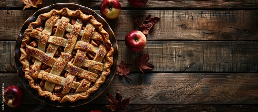 Poster a delicious homemade apple pie on a rustic wooden table with a cozy atmosphere and evocative copy sp