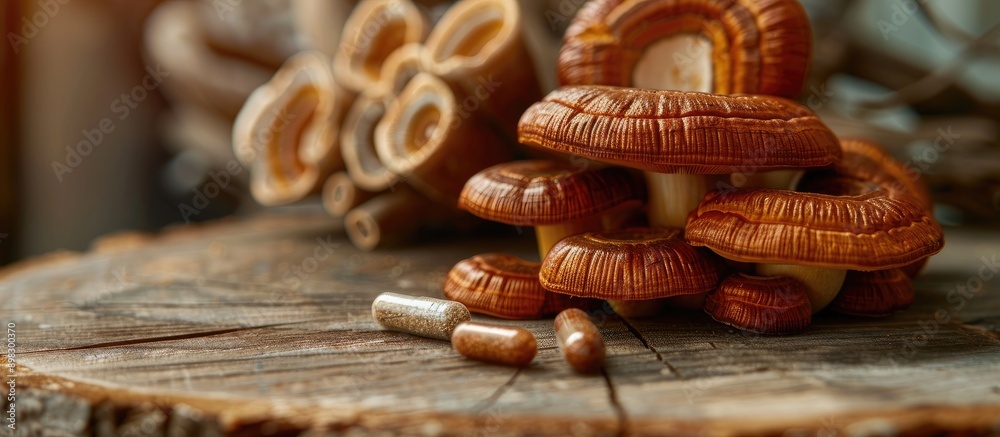 Aufkleber Close up of Ling zhi and Ganoderma lucidum mushrooms with a capsule on a wooden table with a blank background for copy space image