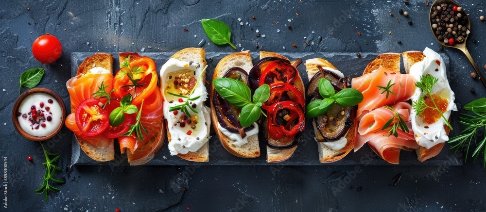 Aufkleber a display of healthy open sandwiches featuring salted salmon sun dried tomato grilled aubergine bulg